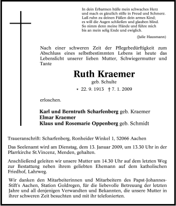 Traueranzeige von Ruth Kraemer von WESTFÄLISCHER ANZEIGER