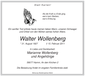 Traueranzeige von Walter Wollenberg von WESTFÄLISCHER ANZEIGER