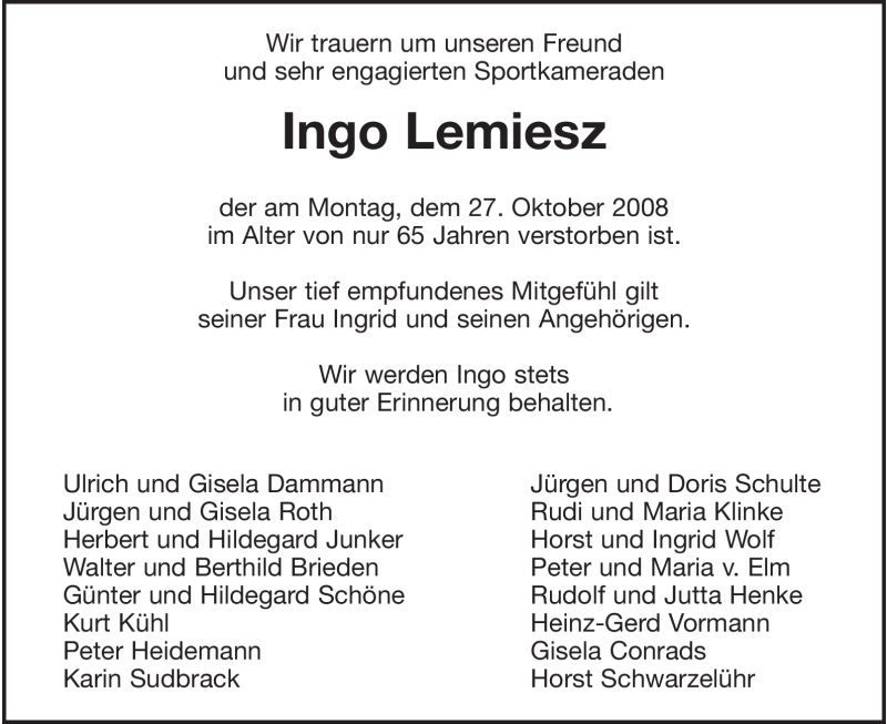  Traueranzeige für Ingo Lemiesz vom 30.10.2008 aus WESTFÄLISCHER ANZEIGER