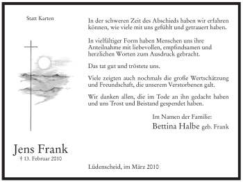 Traueranzeige von Jens Frank von WESTFÄLISCHER ANZEIGER