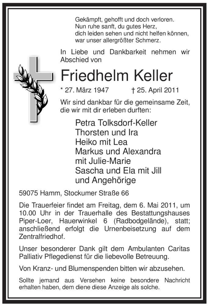  Traueranzeige für Friedhelm Keller vom 04.05.2011 aus WESTFÄLISCHER ANZEIGER