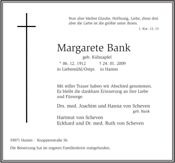 Traueranzeige von Margarete Bank von WESTFÄLISCHER ANZEIGER