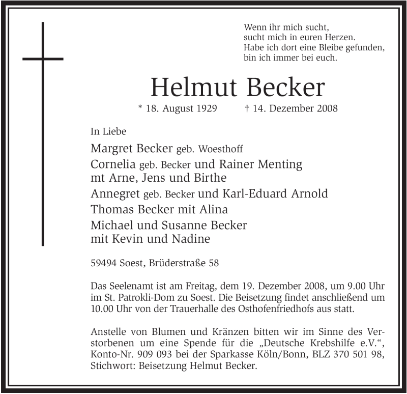  Traueranzeige für Helmut Becker vom 16.12.2008 aus WESTFÄLISCHER ANZEIGER
