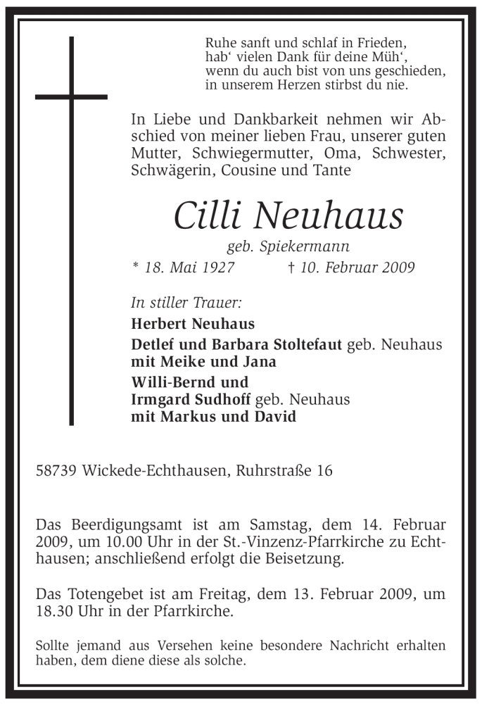  Traueranzeige für Cilli Neuhaus vom 13.02.2009 aus WESTFÄLISCHER ANZEIGER