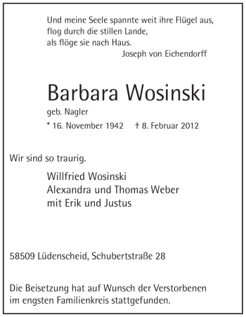 Traueranzeige von Barbara Wosinski von WESTFÄLISCHER ANZEIGER