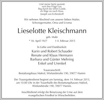 Traueranzeige von Lieselotte Kleischmann von MZV