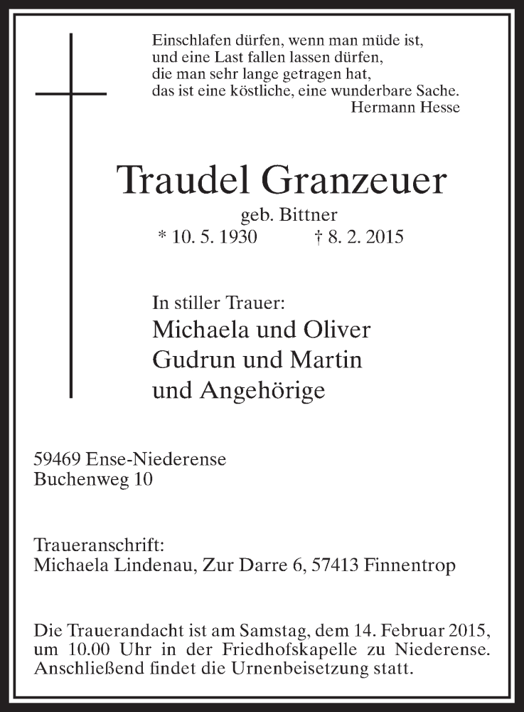  Traueranzeige für Traudel Granzeuer vom 10.02.2015 aus MZV