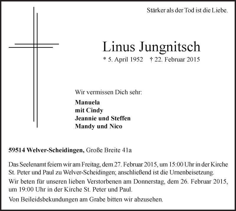  Traueranzeige für Linus Jungnitsch vom 24.02.2015 aus MZV