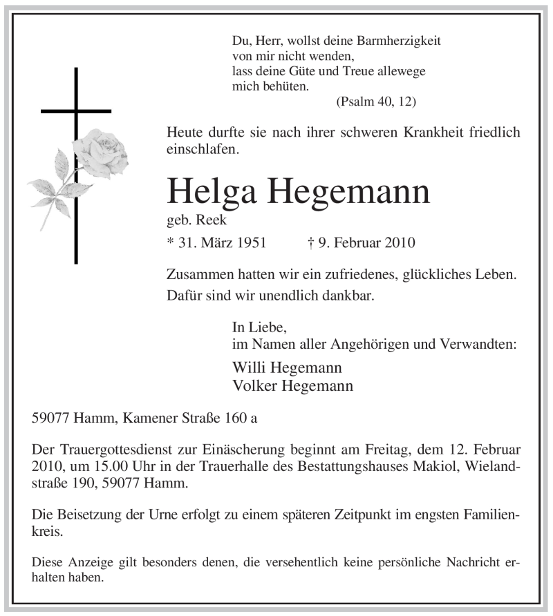  Traueranzeige für Helga Hegemann vom 10.02.2010 aus WESTFÄLISCHER ANZEIGER