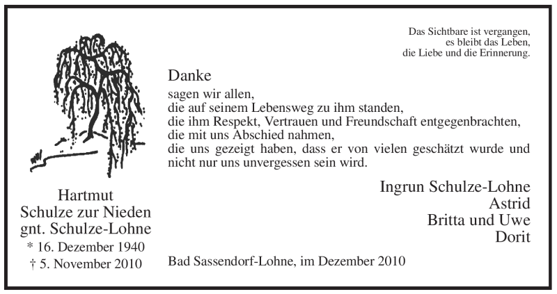  Traueranzeige für Hartmut Schulze zur Nieden vom 03.12.2010 aus WESTFÄLISCHER ANZEIGER