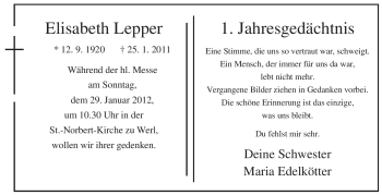 Traueranzeige von Elisabeth Lepper von WESTFÄLISCHER ANZEIGER