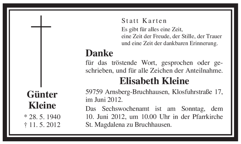  Traueranzeige für Günter Kleine vom 06.06.2012 aus WESTFÄLISCHER ANZEIGER
