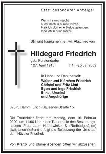 Traueranzeige von Hildegard Friedrich von WESTFÄLISCHER ANZEIGER