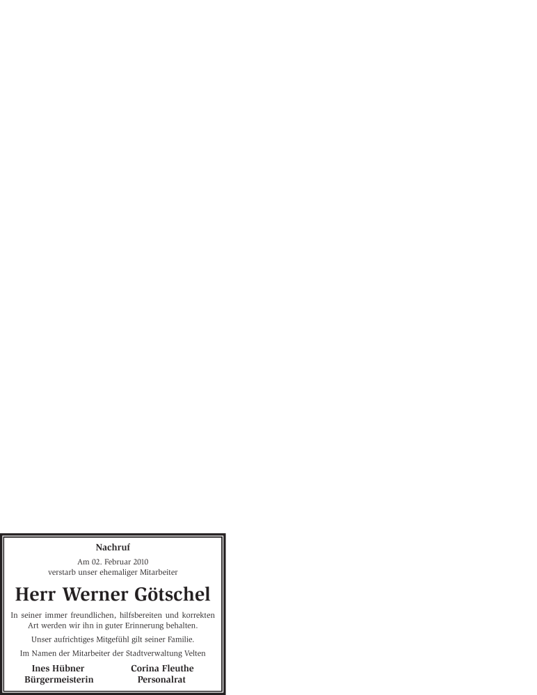  Traueranzeige für Werner Götschel vom 06.02.2010 aus WESTFÄLISCHER ANZEIGER