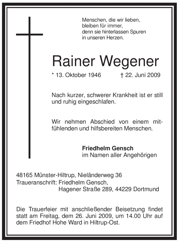  Traueranzeige für Rainer Wegener vom 24.06.2009 aus WESTFÄLISCHER ANZEIGER