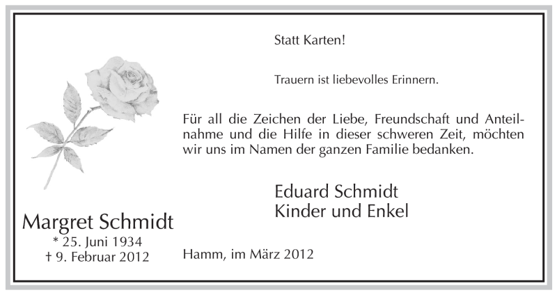  Traueranzeige für Margret Schmidt vom 10.03.2012 aus WESTFÄLISCHER ANZEIGER