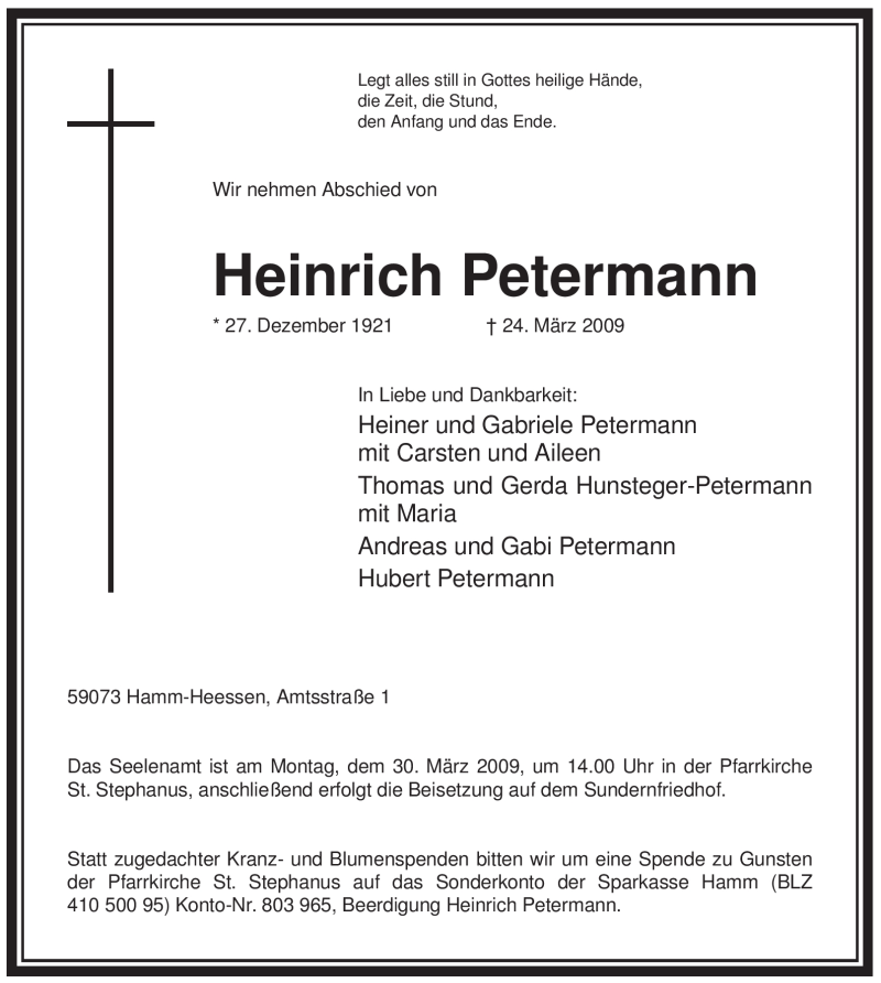  Traueranzeige für Heinrich Petermann vom 27.03.2009 aus WESTFÄLISCHER ANZEIGER