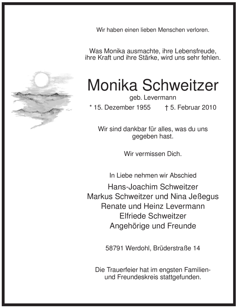  Traueranzeige für Monika Schweitzer vom 12.02.2010 aus WESTFÄLISCHER ANZEIGER