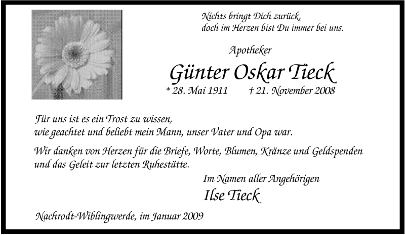  Traueranzeige für Günter Oskar Tieck vom 14.01.2009 aus WESTFÄLISCHER ANZEIGER
