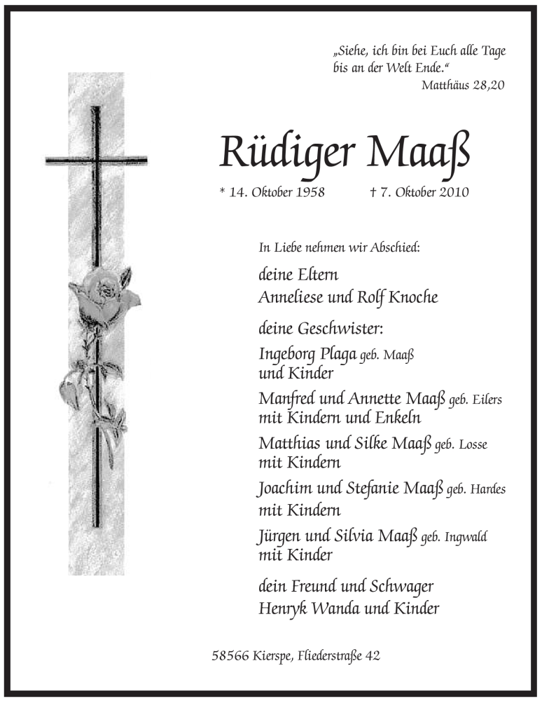  Traueranzeige für Rüdiger Maaß vom 03.11.2010 aus WESTFÄLISCHER ANZEIGER