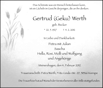 Traueranzeige von Gertrud Werth von WESTFÄLISCHER ANZEIGER