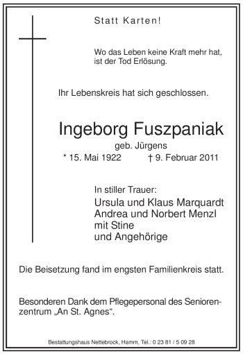 Traueranzeige von Ingeborg Fuszpaniak von WESTFÄLISCHER ANZEIGER