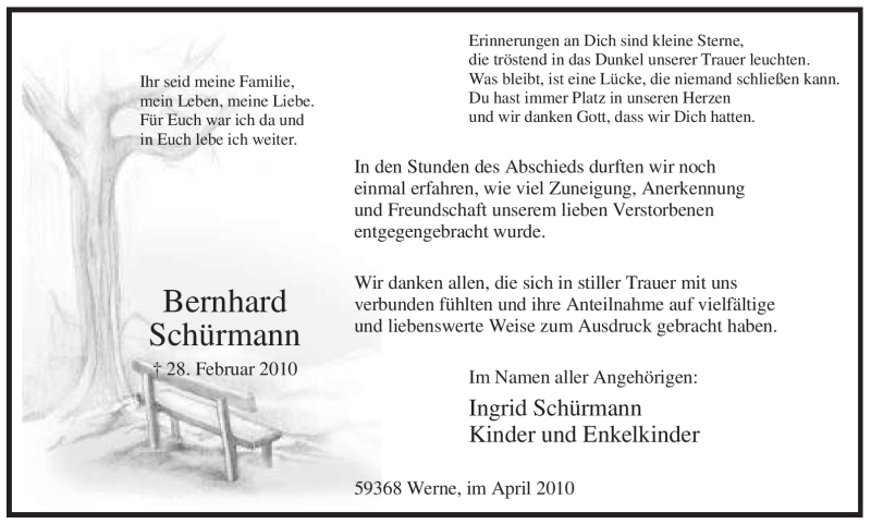 Traueranzeige für Bernhard Schürmann vom 09.04.2010 aus WESTFÄLISCHER ANZEIGER