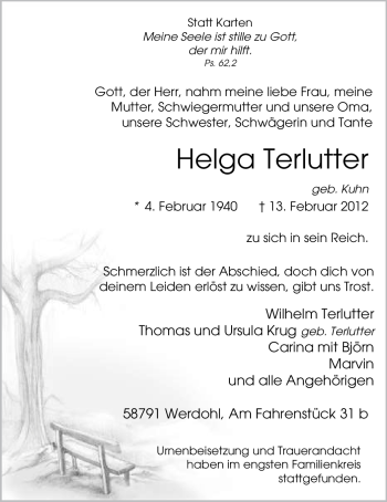 Traueranzeige von Helga Terlutter von WESTFÄLISCHER ANZEIGER