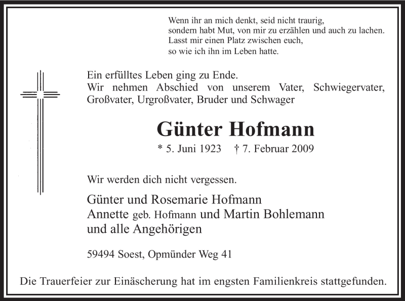  Traueranzeige für Günter Hofmann vom 13.02.2009 aus WESTFÄLISCHER ANZEIGER