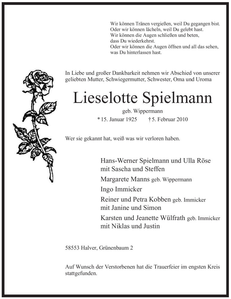  Traueranzeige für Lieselotte Spielmann vom 10.02.2010 aus WESTFÄLISCHER ANZEIGER