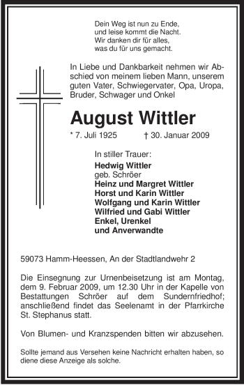 Traueranzeige von August Wittler von WESTFÄLISCHER ANZEIGER