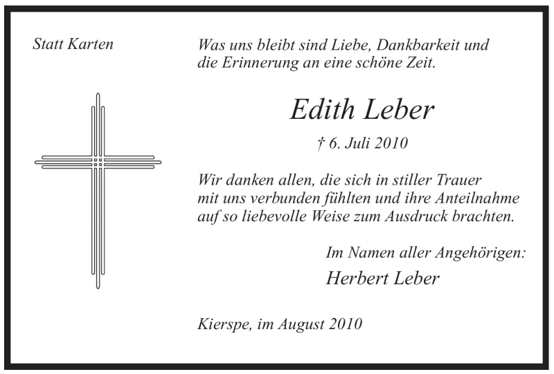  Traueranzeige für Edith Leber vom 21.08.2010 aus WESTFÄLISCHER ANZEIGER