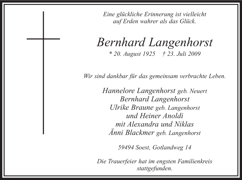  Traueranzeige für Bernhard Langenhorst vom 29.07.2009 aus WESTFÄLISCHER ANZEIGER