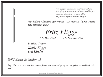 Traueranzeige von Friedrich Fligge von WESTFÄLISCHER ANZEIGER