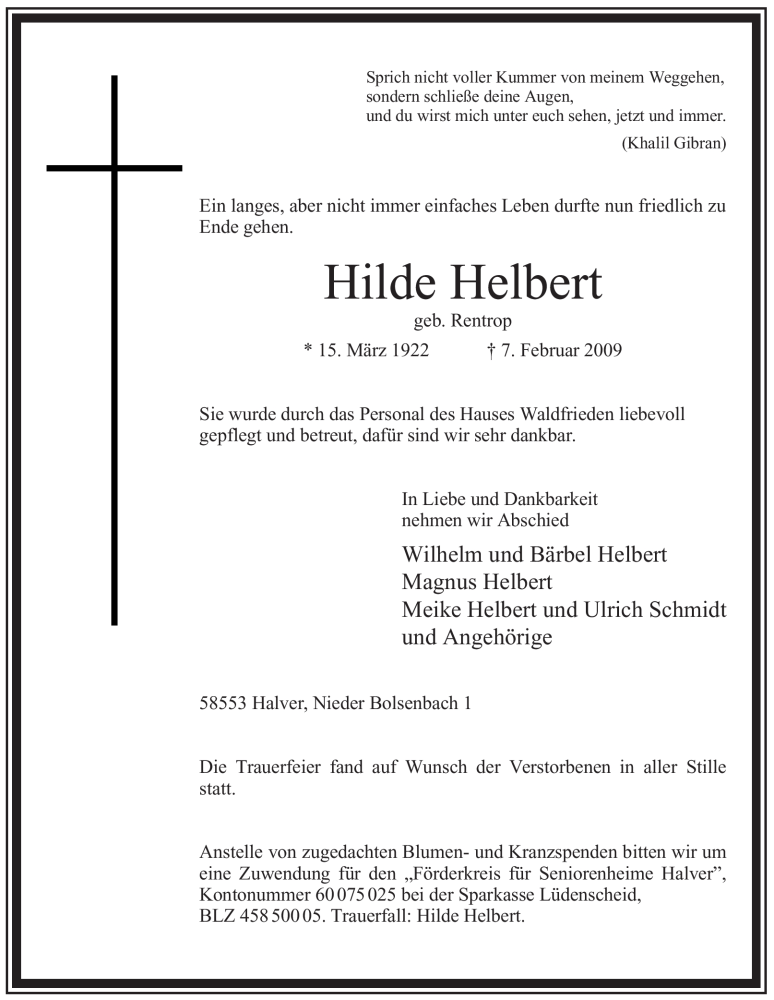  Traueranzeige für Hilde Helbert vom 13.02.2009 aus WESTFÄLISCHER ANZEIGER