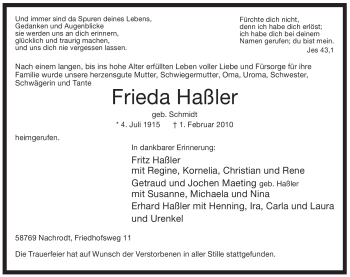Traueranzeige von Frieda Haßler von WESTFÄLISCHER ANZEIGER