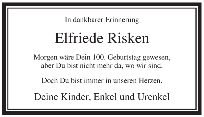  Traueranzeige für Elfriede Risken vom 26.11.2011 aus WESTFÄLISCHER ANZEIGER