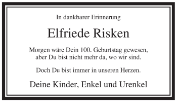 Traueranzeige von Elfriede Risken von WESTFÄLISCHER ANZEIGER