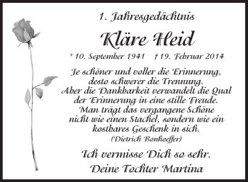 Traueranzeige von Kläre Heid von MZV