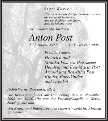 Traueranzeige von Anton Post von WESTFÄLISCHER ANZEIGER