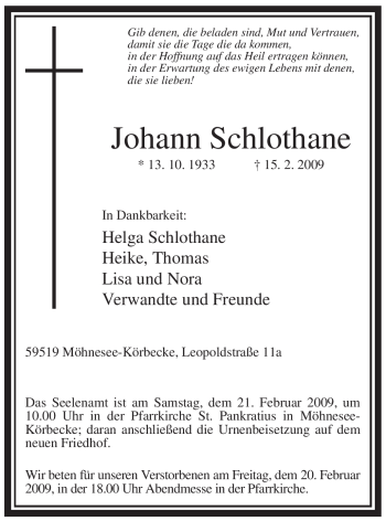 Traueranzeige von Johann Schlothane von WESTFÄLISCHER ANZEIGER