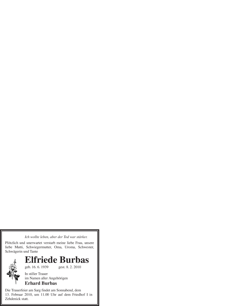  Traueranzeige für Elfriede Burbas vom 10.02.2010 aus WESTFÄLISCHER ANZEIGER