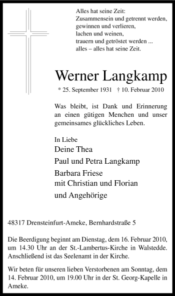 Traueranzeige von Werner Langkamp von WESTFÄLISCHER ANZEIGER