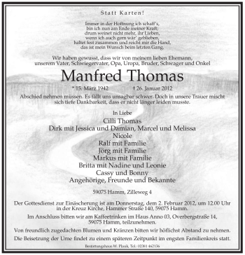 Traueranzeige von Manfred Thomas von WESTFÄLISCHER ANZEIGER