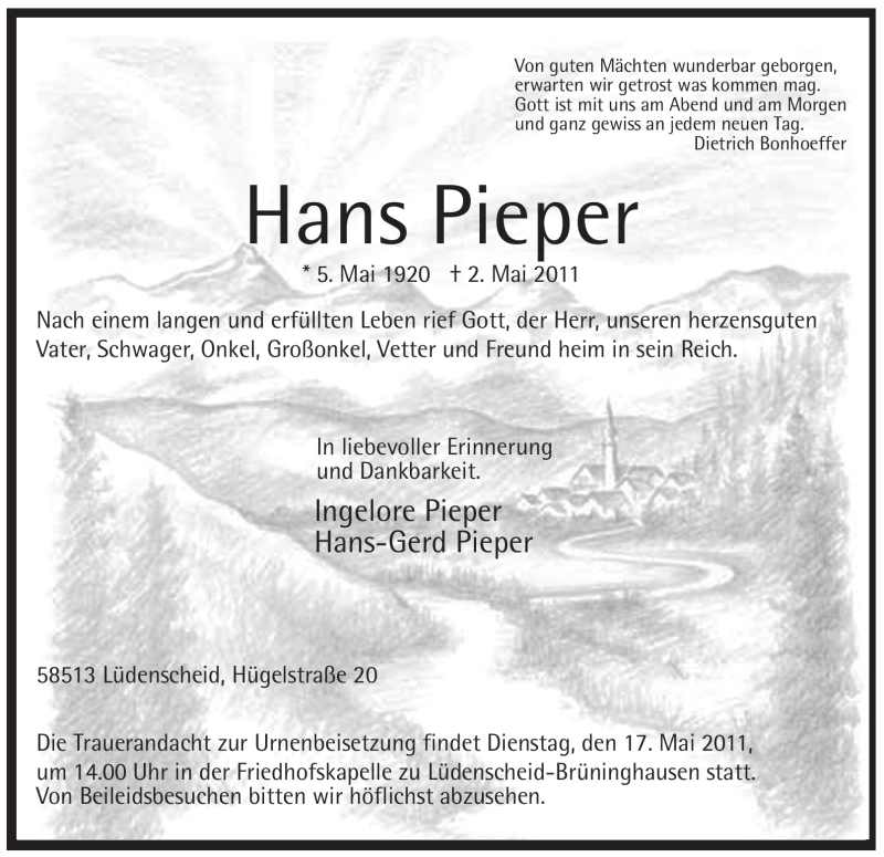  Traueranzeige für Hans Pieper vom 11.05.2011 aus WESTFÄLISCHER ANZEIGER