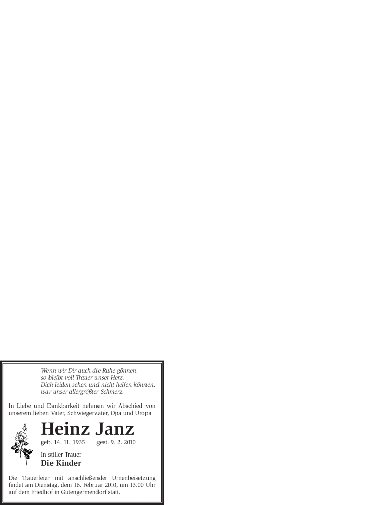  Traueranzeige für Heinz Janz vom 12.02.2010 aus WESTFÄLISCHER ANZEIGER