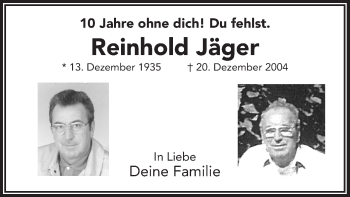 Traueranzeige von Reinhold Jäger von MZV