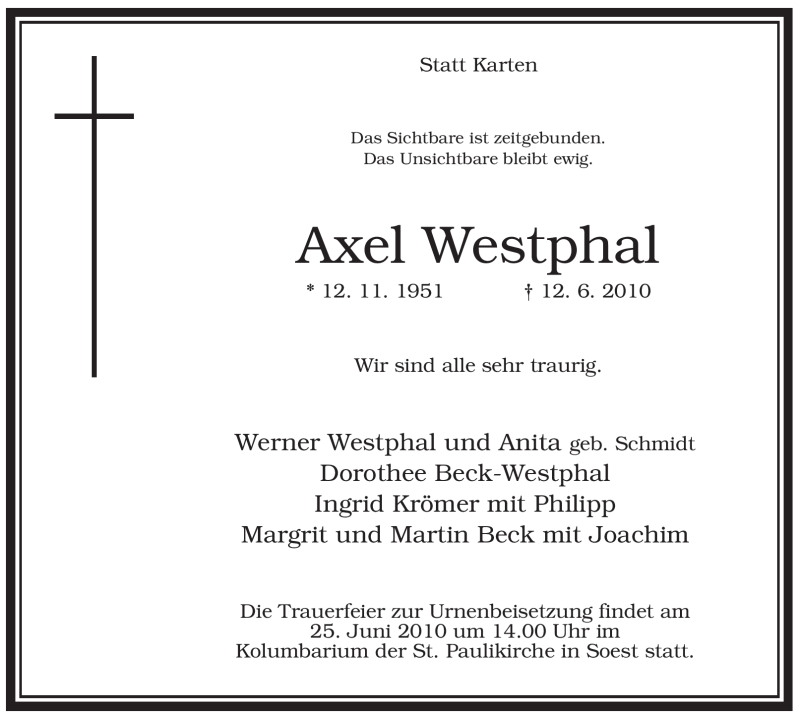  Traueranzeige für Axel Westphal vom 21.06.2010 aus WESTFÄLISCHER ANZEIGER