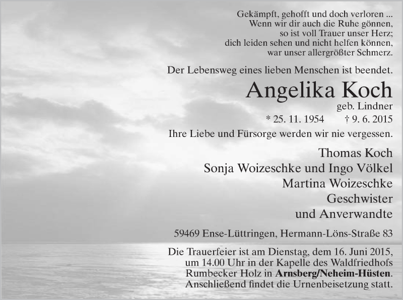 Traueranzeige für Angelika Koch vom 13.06.2015 aus MZV