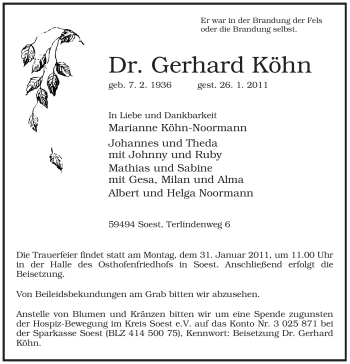 Traueranzeige von Gerhard Köhn von WESTFÄLISCHER ANZEIGER